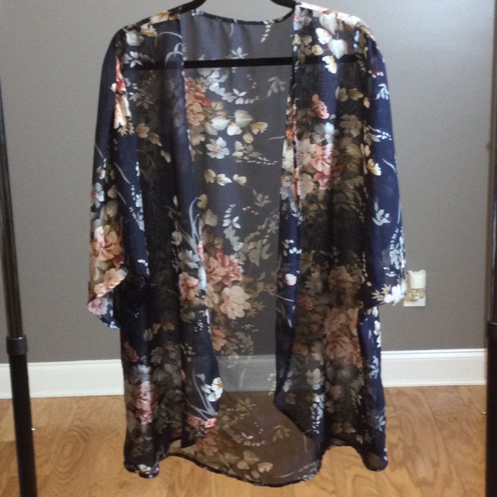 M Floral Sheer Navy Boho Kimono Jacket